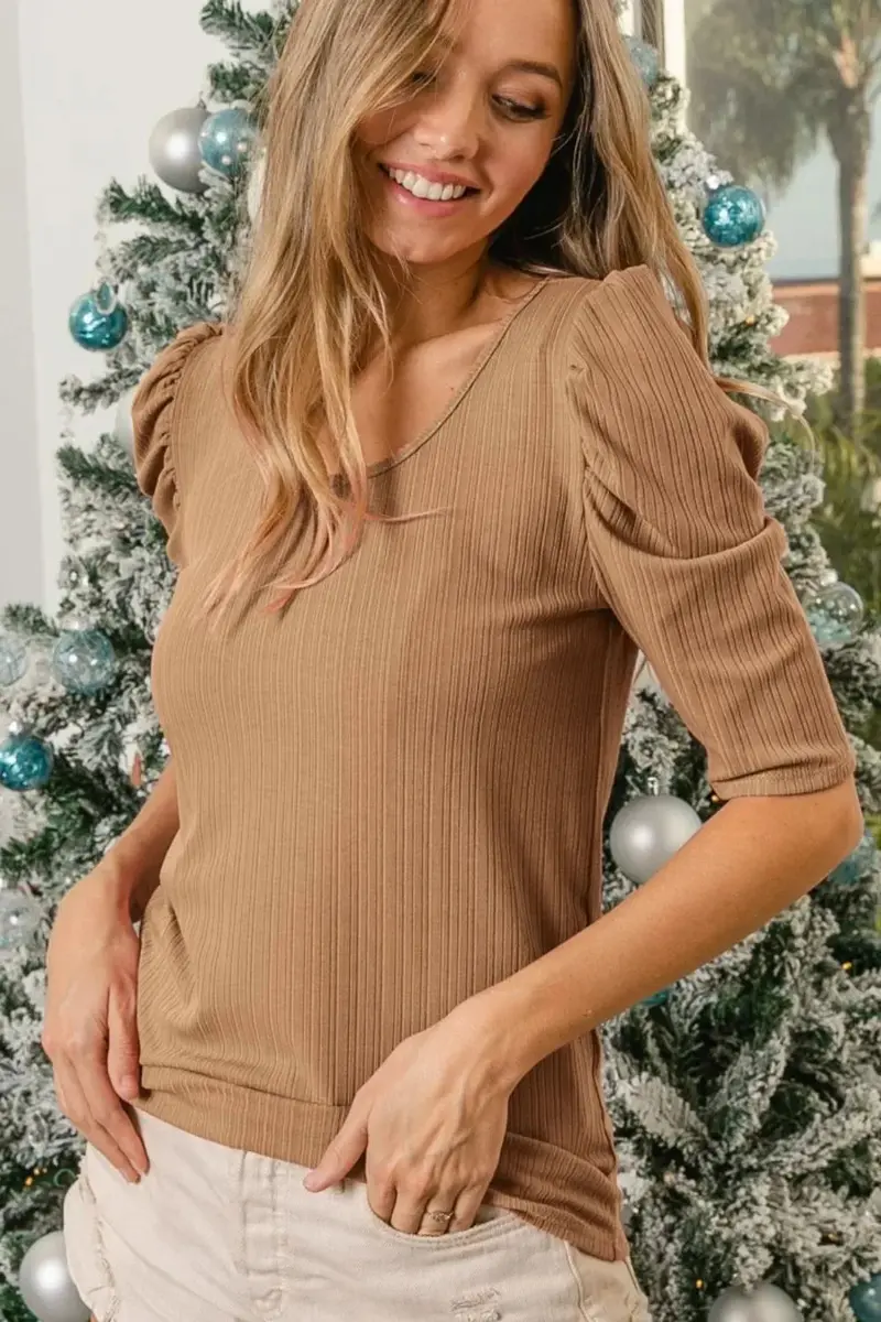 Verigated Rib Knit Puff Sleeves Shorts Top 1
