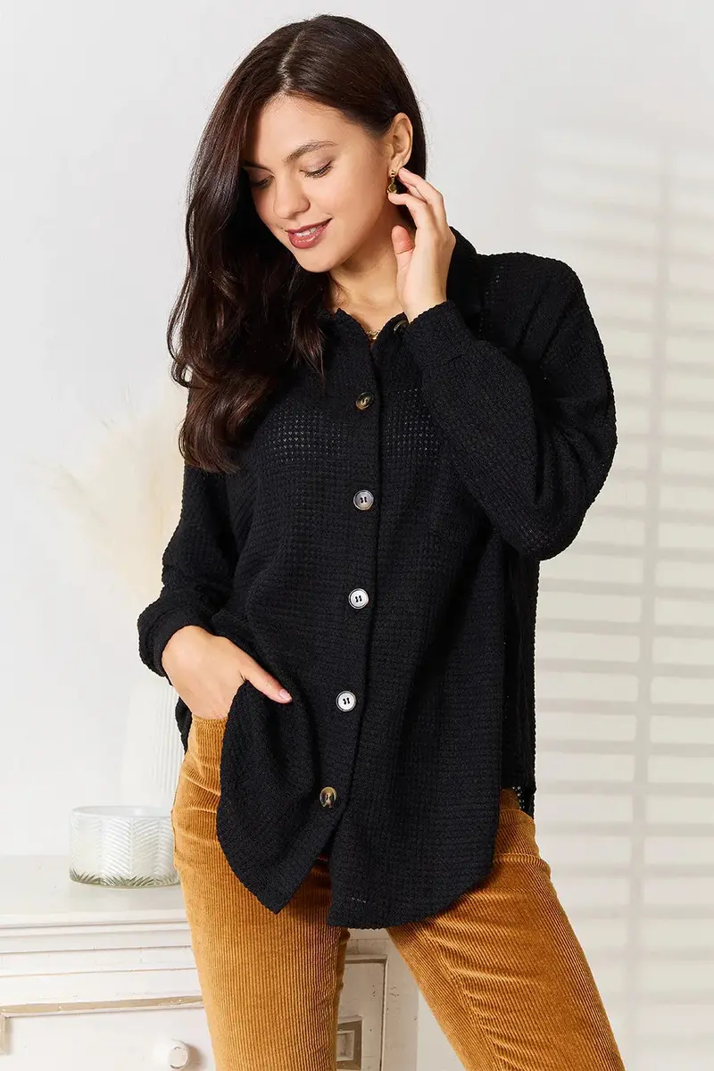 Waffle-Knit Collared Neck Dropped Shoulder Shirt 1