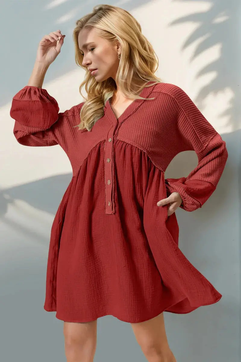 Waffle-Knit Contrast Half Button V-Neck Long Sleeve Mini Dress 1