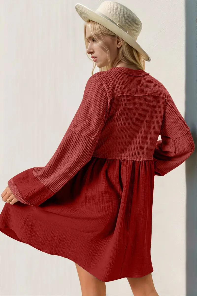 Waffle-Knit Contrast Half Button V-Neck Long Sleeve Mini Dress 2