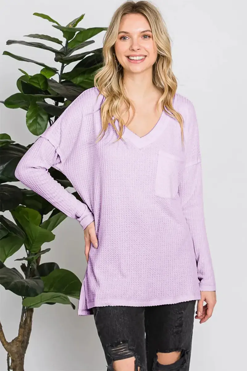 Waffle Knit V-Neck Long Sleeve T-Shirt 1