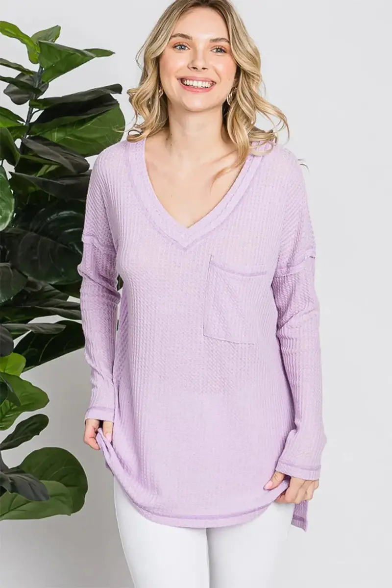 Waffle Knit V-Neck Long Sleeve T-Shirt 3