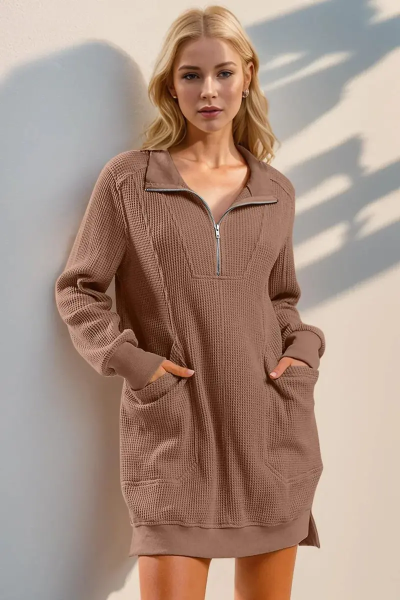 Waffle Long Sleeve Mini Dress With Pockets 1
