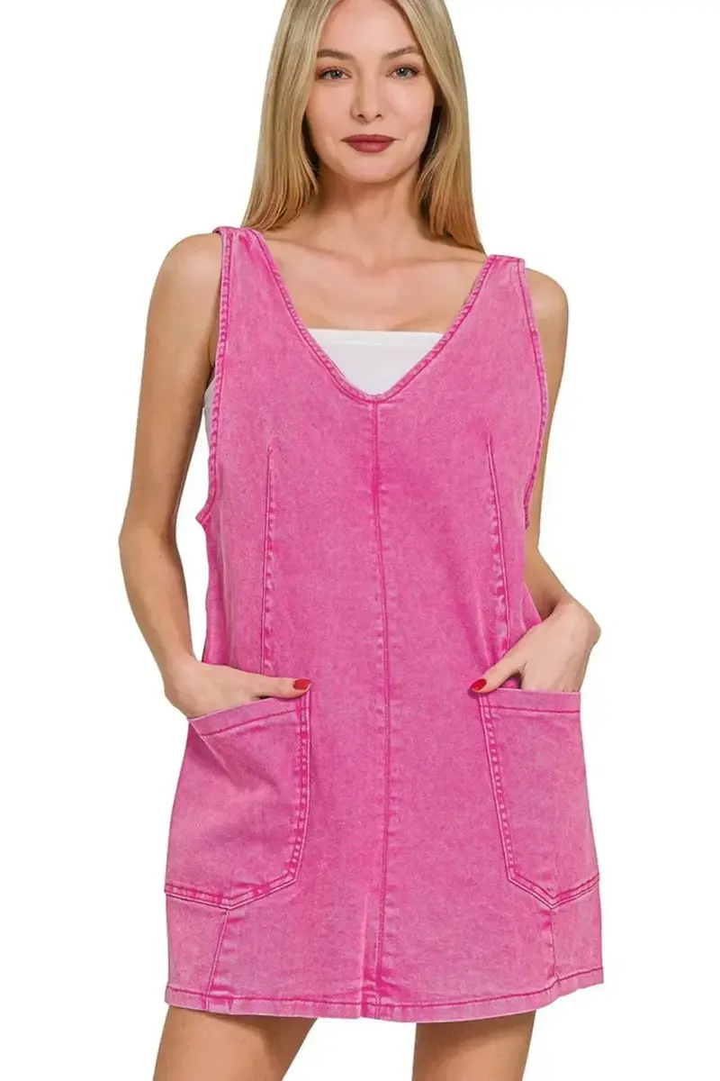 Washed Adjustable Strap Denim Overall Dress 1