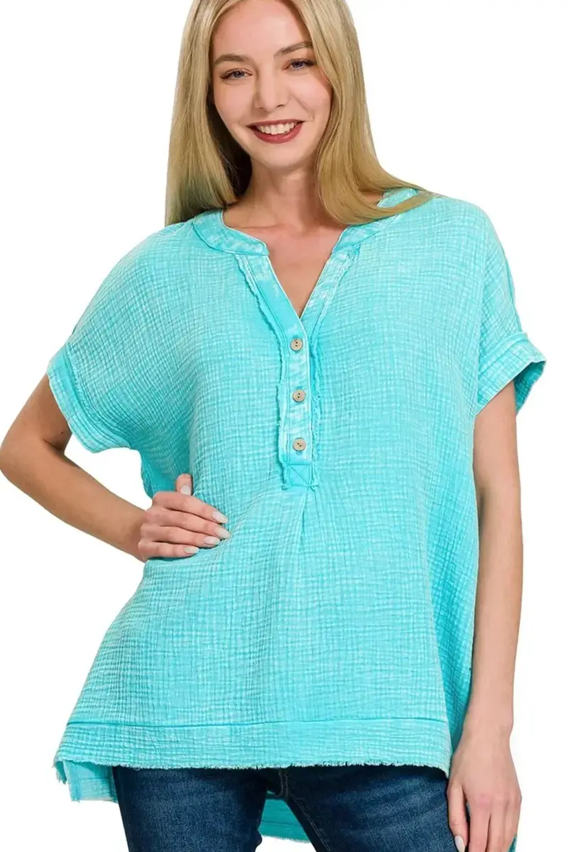Washed Double Gauze 3/4 Button Henley Neck Shirt 1