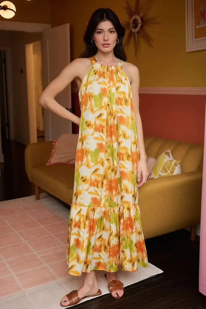 Watercolor Print Halter Neck Satin Maxi Dress 1
