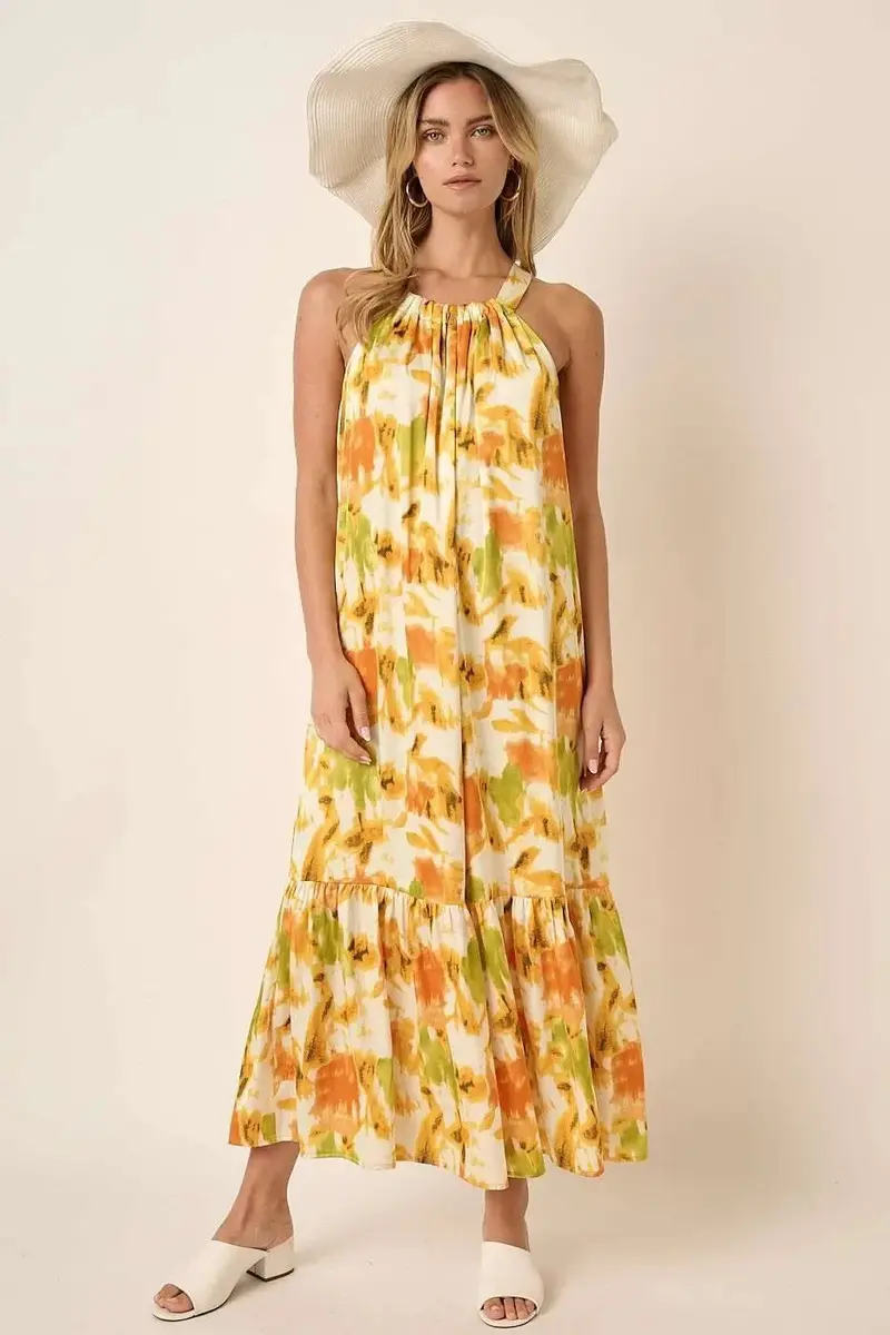 Watercolor Print Halter Neck Satin Maxi Dress 1