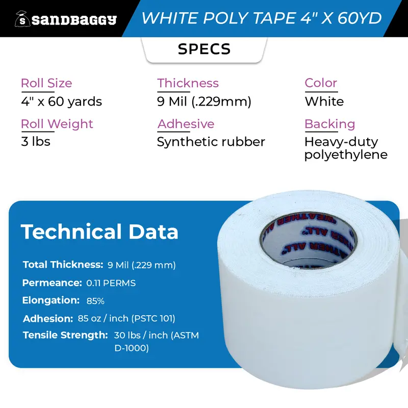 White Vapor Barrier Tape – 4" X 60 Yd, 9 Mil Polyethylene - Usa Made 2