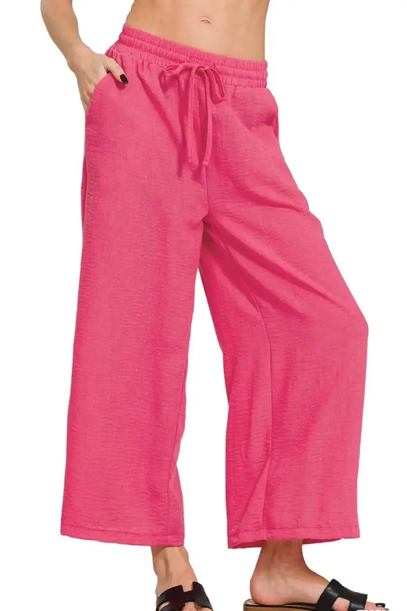Woven Crepe Elastic Band Waist Cropped Pants 2