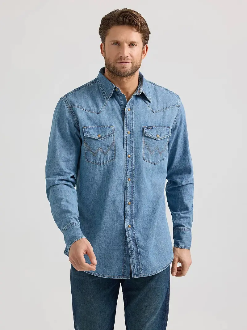 Wrangler Men's Denim Chest Pocket Snap-Front Long Sleeve Work Shirt 1