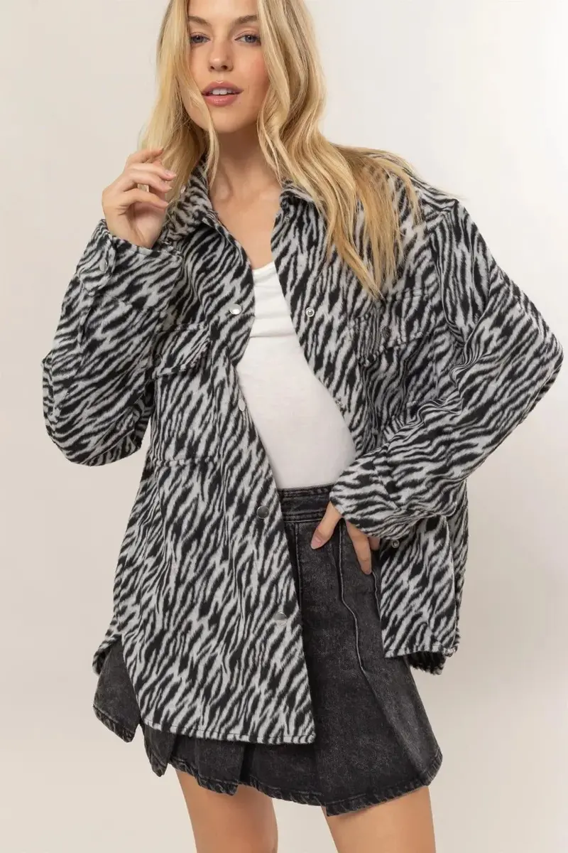 Zebra Print Snap Down Long Sleeve Shacket 1