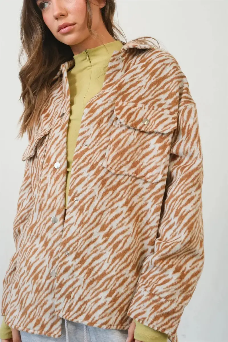 Zebra Print Snap Down Long Sleeve Shacket 1