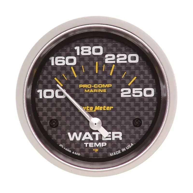 Autometer Marine Electric Water Temperature Gauge – 2-5/8" Carbon Fiber Face, 100–250°F Range 1