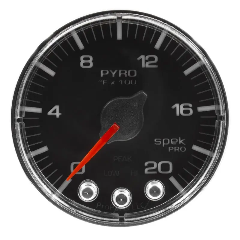 Autometer Spek-Pro Pyrometer Gauge – 2-1/16", 2000°F Range, Stepper Motor, Black/Chrome Face With Peak & Warning 1