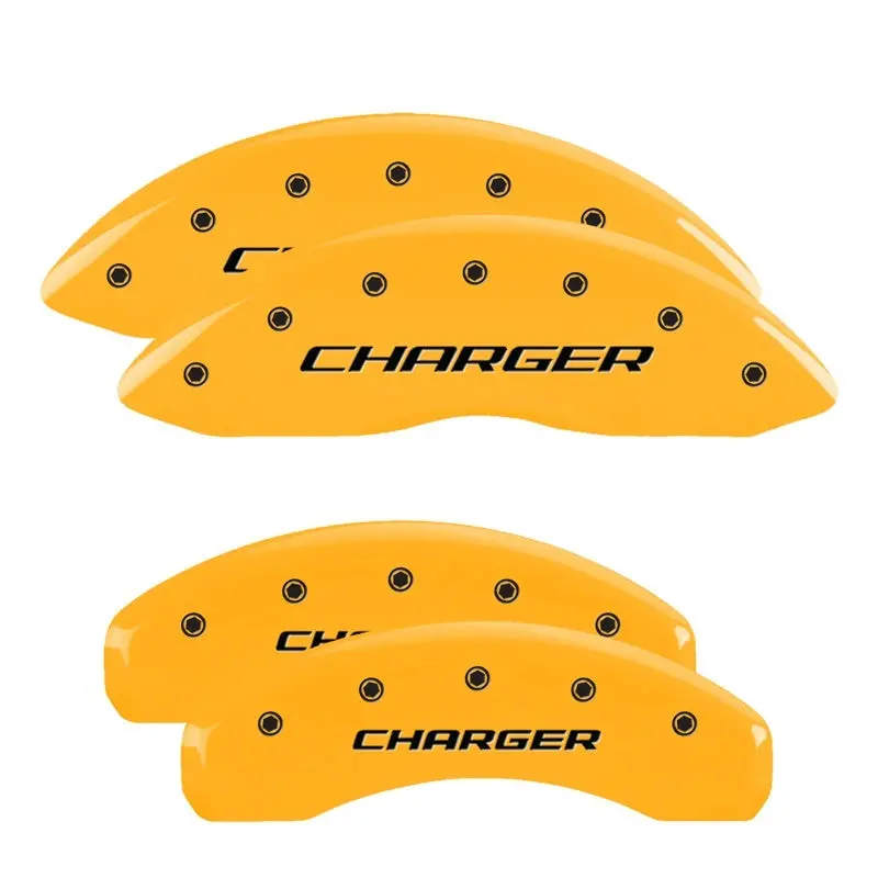 Mgp Engraved 4-Piston Caliper Covers For Dodge Challenger – Yellow/Black Stripe Finish 2